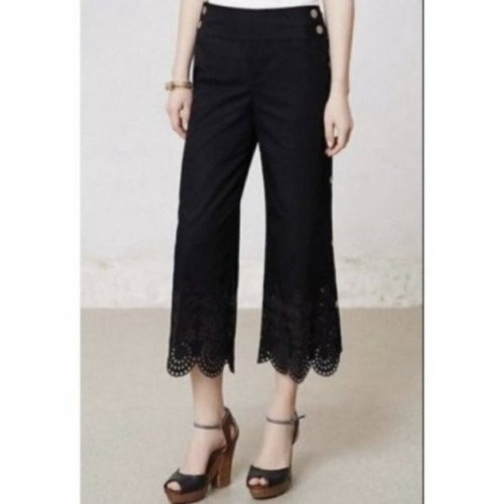 Anthropologie Elevenses Black Cotton Button Scallop Eyelet Wide Leg 8 Crop Pants